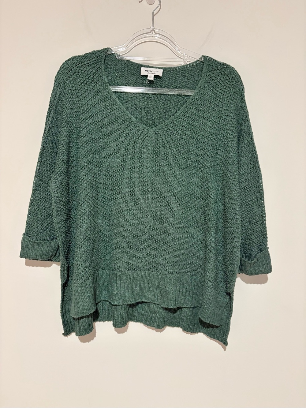 EE Some Knitted 3/4 Sleeve V-Neck Pullover Casual Classic sweater green size S/M